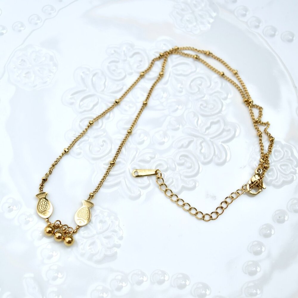 Double Fish Chinese Golden Charm Necklace - Stainless Steel